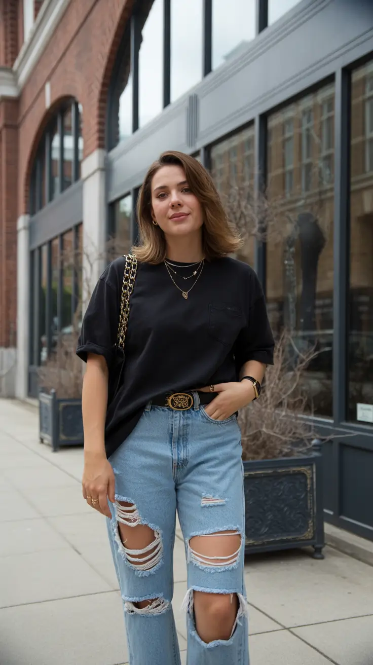 best spring outfit for friday 2026 Relaxed Black Tee and Distressed Denim for an Easy Friday Mood