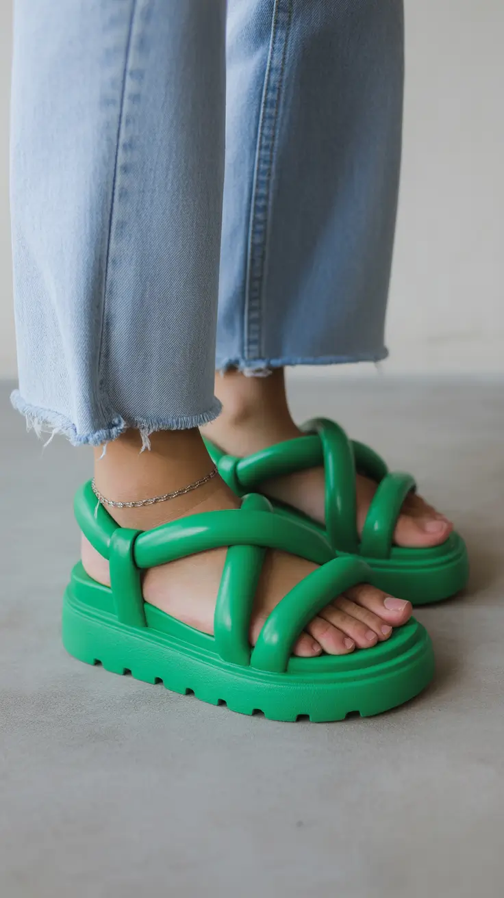 cute spring outfit with sandals 2026 Cushioned Green Platforms With Playful Street-Style Energy