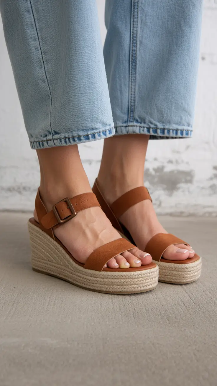 cute spring outfit with sandals 2026 Warm Caramel Wedges for a Relaxed Spring Neutral