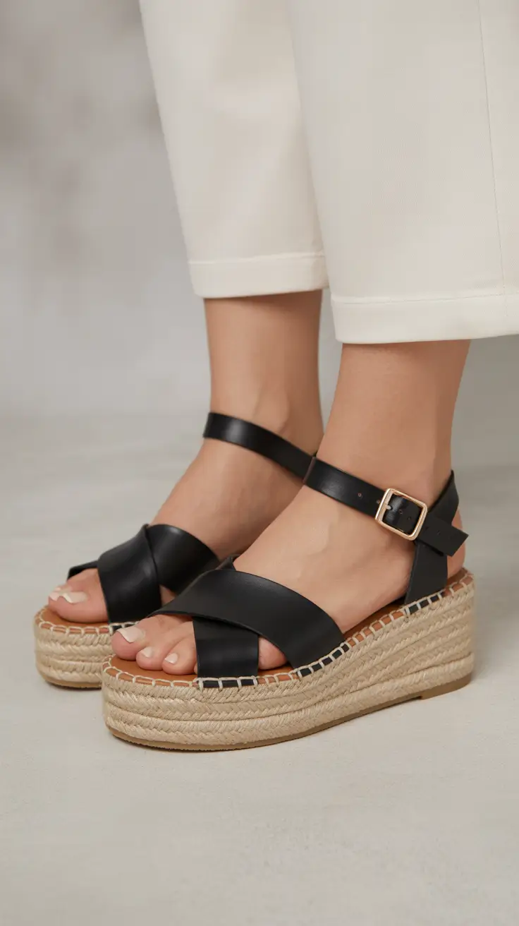 cute spring outfit with sandals 2026 Black Espadrille Wedges With Clean, Modern Lines