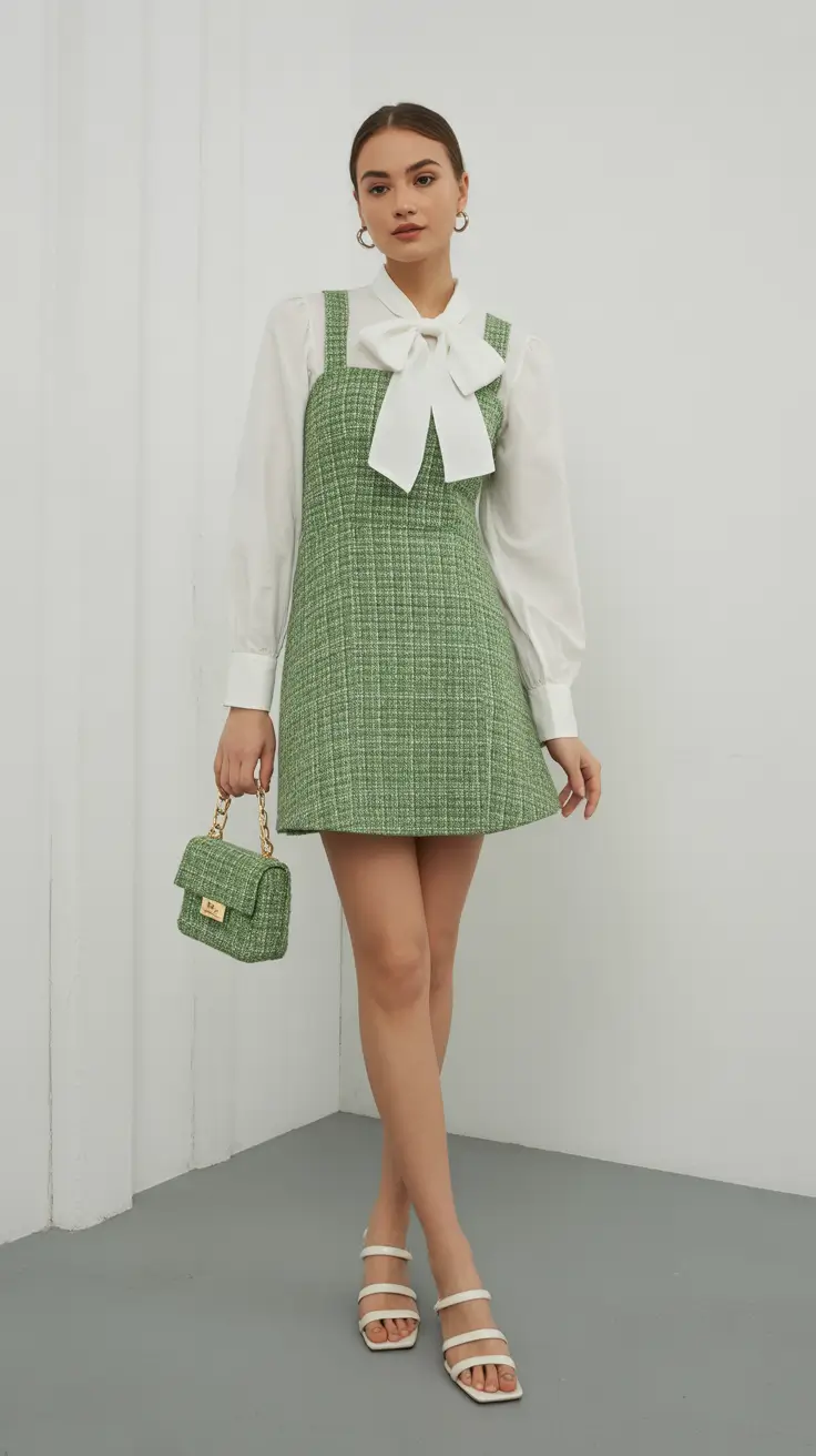 spring-preppy-outfits-2026-Green-Tweed-Charm-With-a-Feminine-Bow-Detail