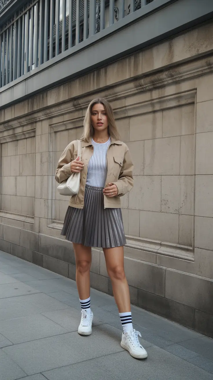 spring-preppy-outfits-2026-Neutral-Layers-and-Metallic-Pleats-for-City-Spring-Prep