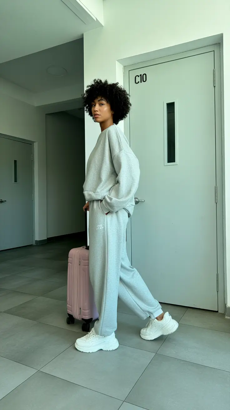 effortless airport spring outfits 2026 Monochrome Grey Sweats for Modern Airport Minimalism