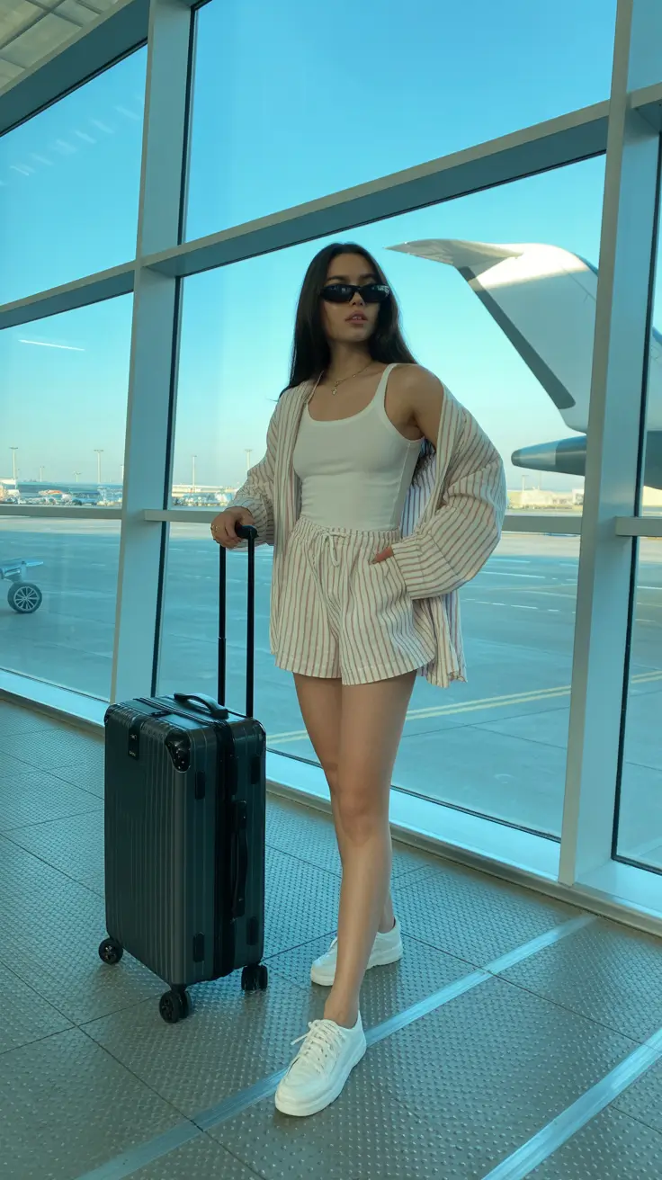 effortless airport spring outfits 2026 Striped Lounge Set for Warm-Climate Getaways