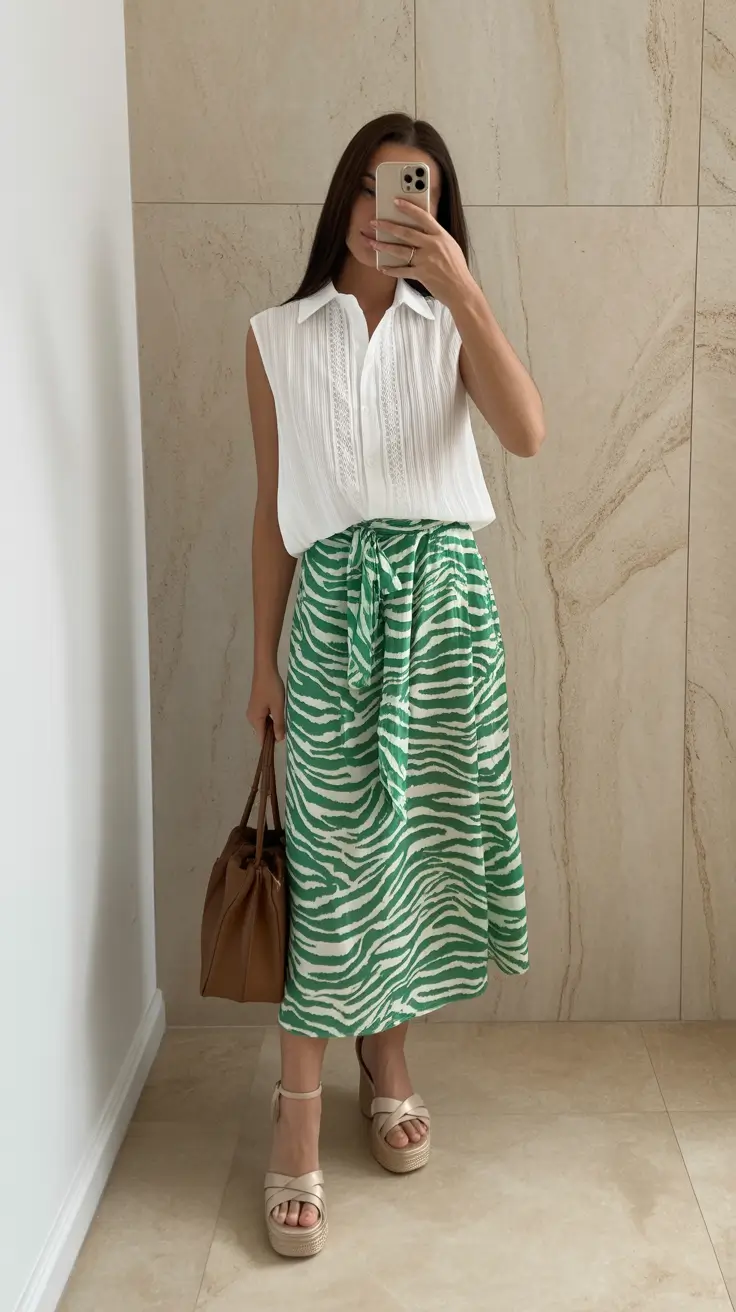spring fashion trends 2026 Green-Print Ease With Polished Neutrals