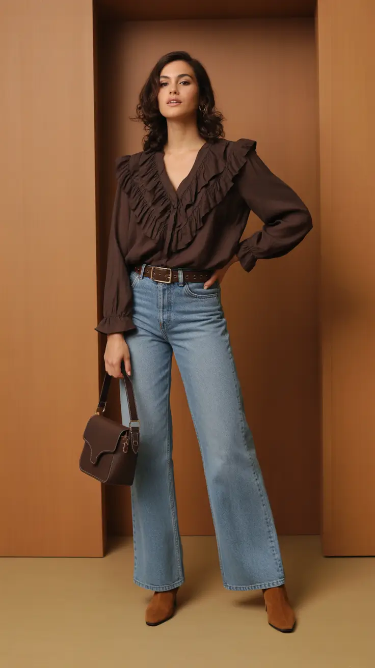 spring jeans outfit 2026 Romantic Browns With Easy Blue Denim