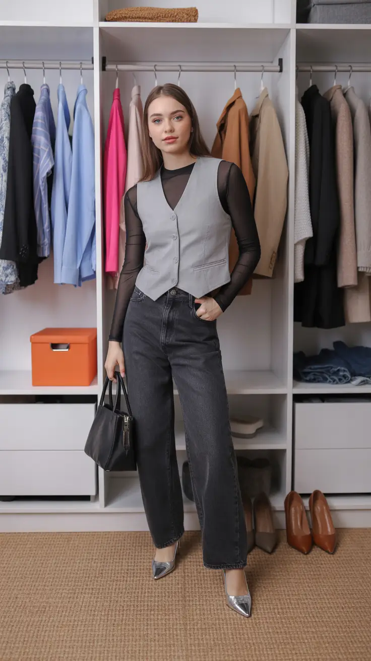 spring jeans outfit 2026 Soft Tailoring With Charcoal Denim