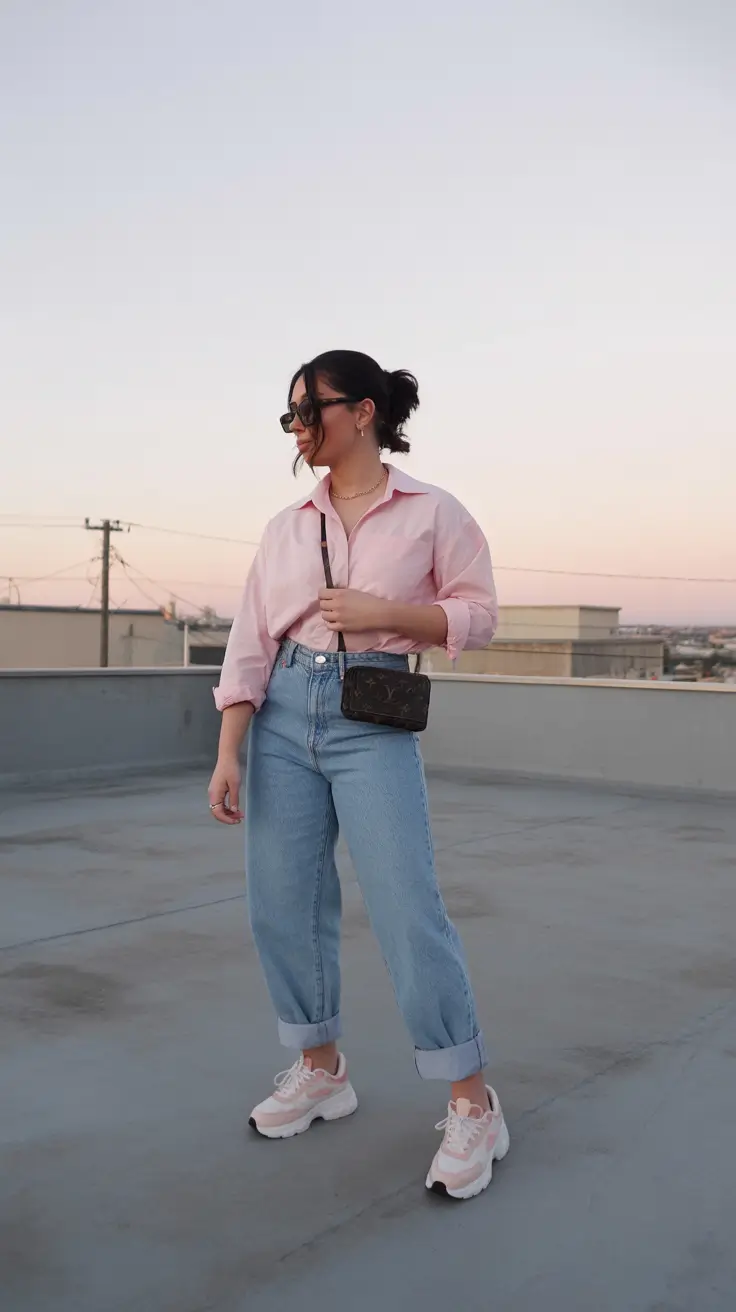 spring jeans outfit 2026 Sunset Pinks and Relaxed Cuffed Denim