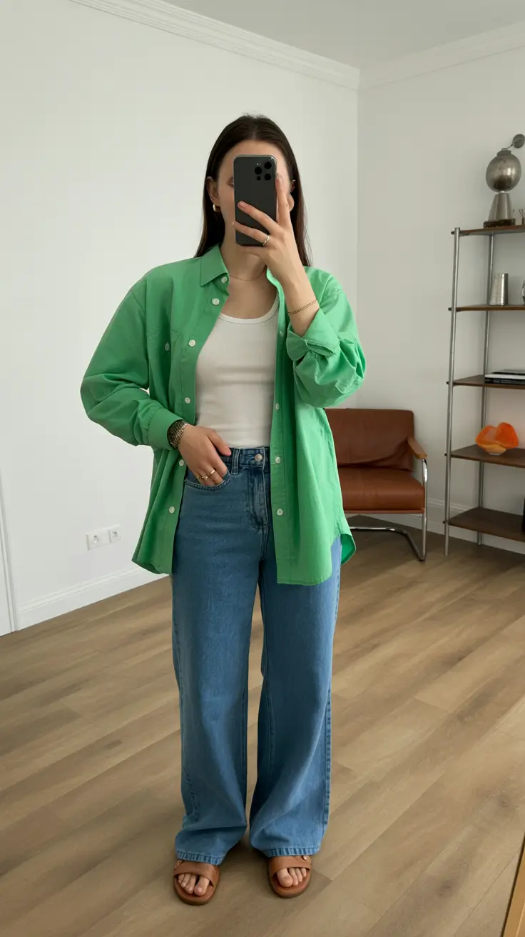 spring jeans outfit 2026 Fresh Green Layers and Classic Blue Denim