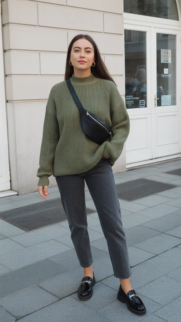 spring jeans outfit 2026 Olive Knits and Charcoal Denim for Cooler Spring Days