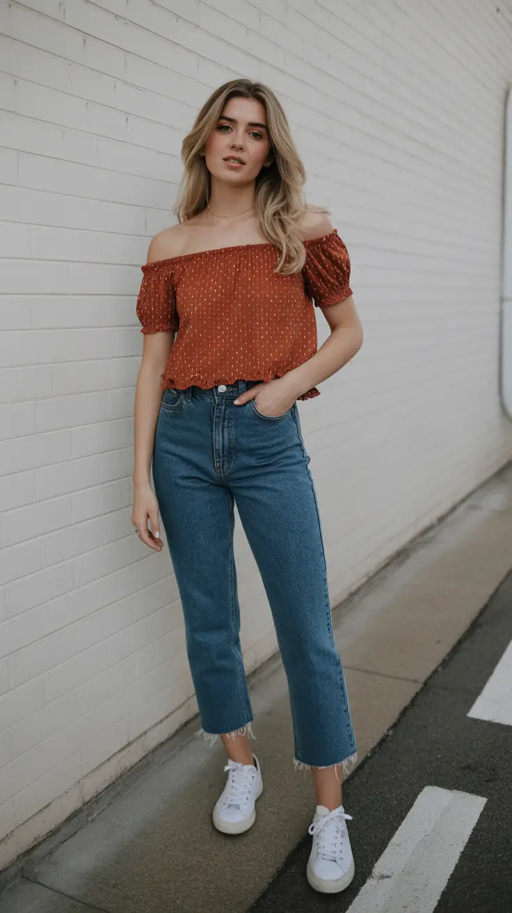 spring jeans outfit 2026 Warm Terracotta Tones With Cropped Spring Denim