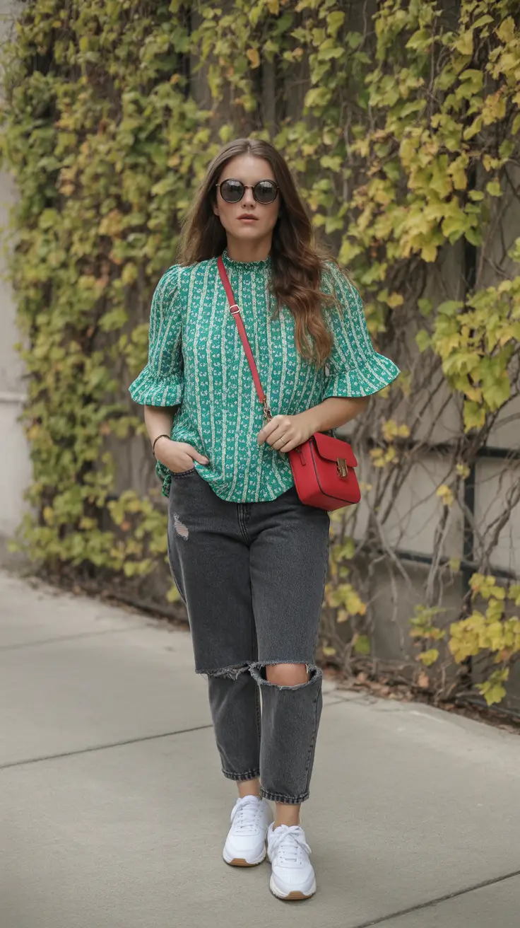 spring jeans outfit 2026 Printed Spring Charm and Distressed Charcoal Denim