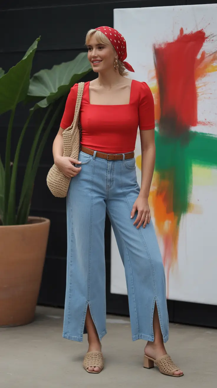 spring jeans outfit 2026 Warm Reds and Playful Spring Textures