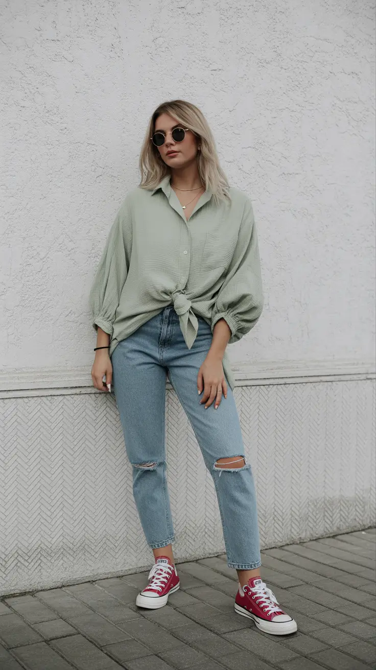 spring jeans outfit 2026 Soft Sage Tones With Relaxed Distressed Denim