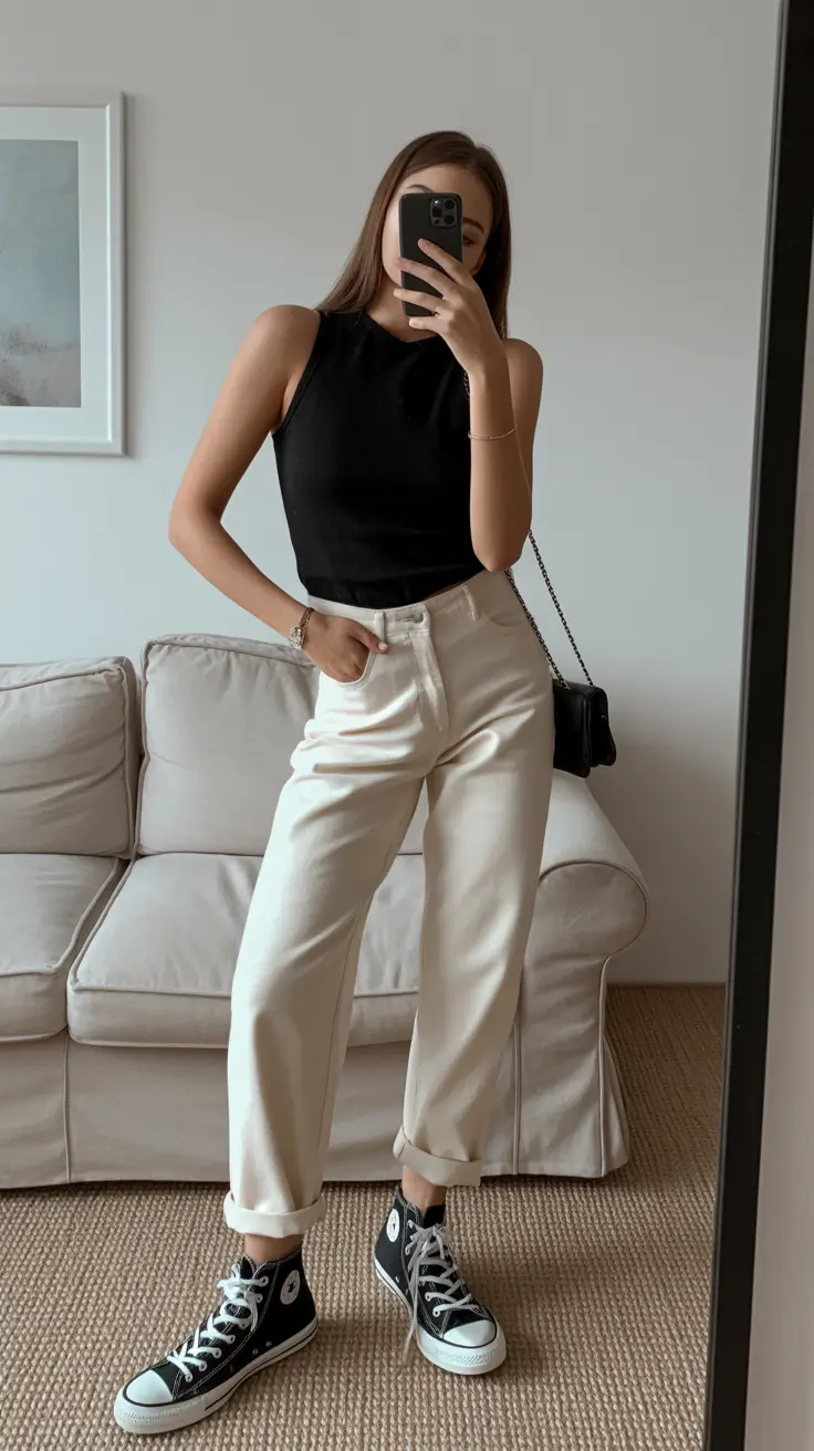 spring jeans outfit 2026 Minimalist Monochrome With Soft Cream Denim
