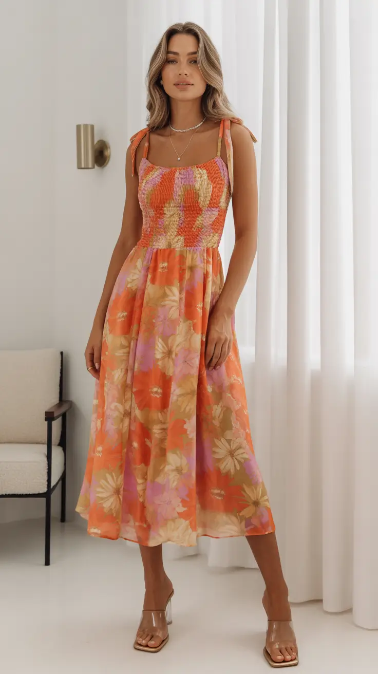 spring wedding guest outfit 2026 Sunset Floral Midi