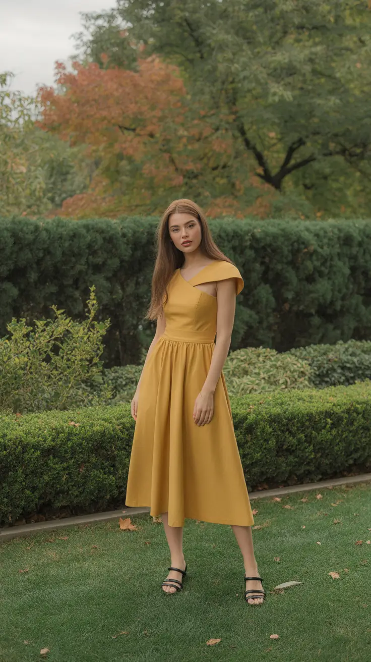 spring wedding guest outfit 2026 Golden Asymmetric Dress