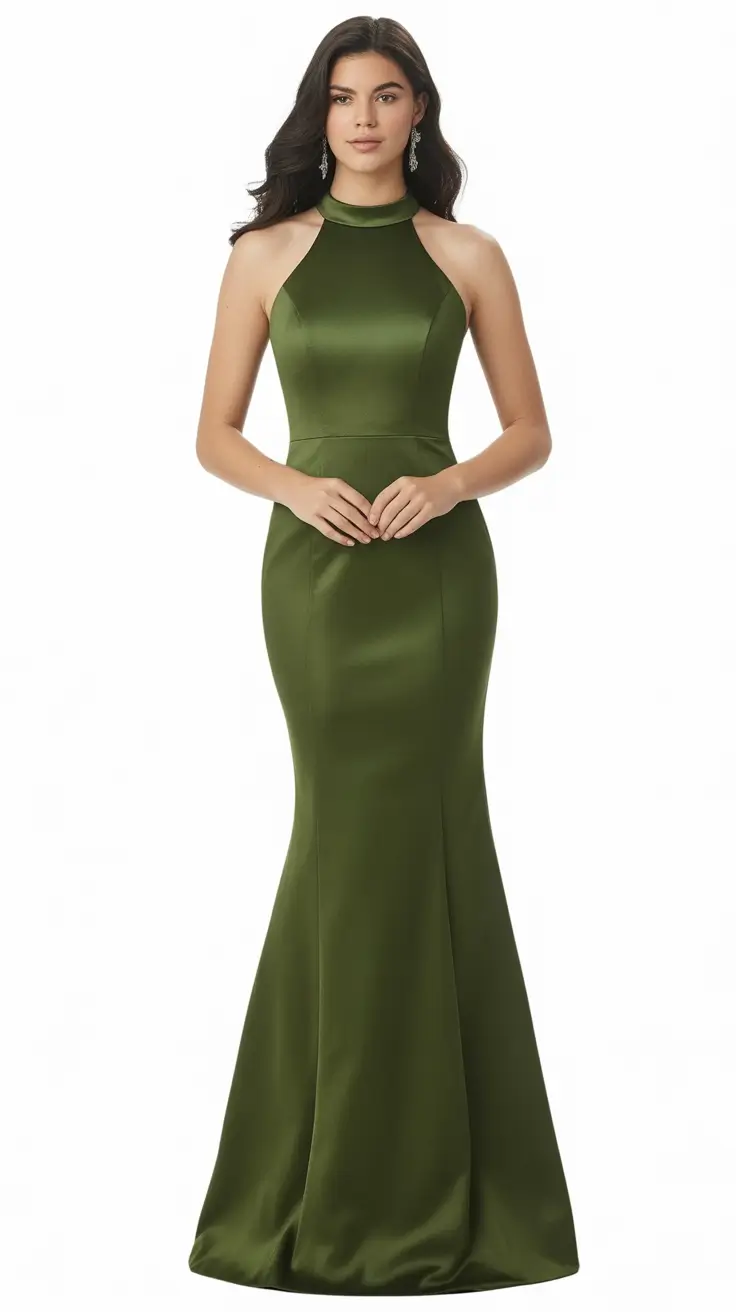 spring wedding guest outfit 2026 Olive Satin Gown