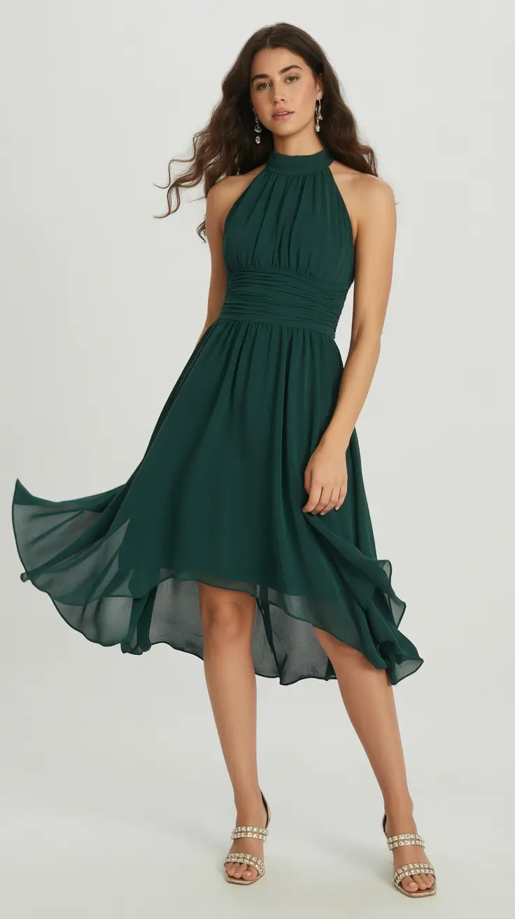 spring wedding guest outfit 2026 Emerald Halter Midi