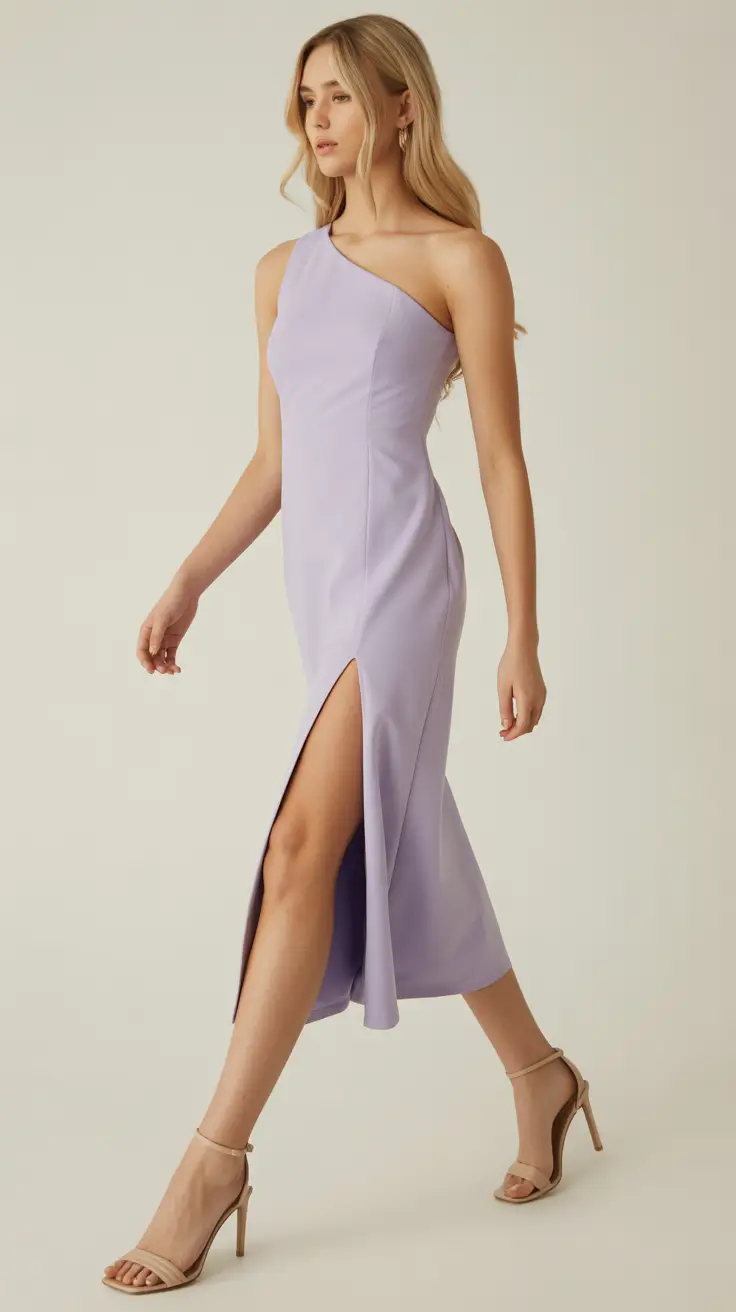 spring wedding guest outfit 2026 Lavender One Shoulder Midi