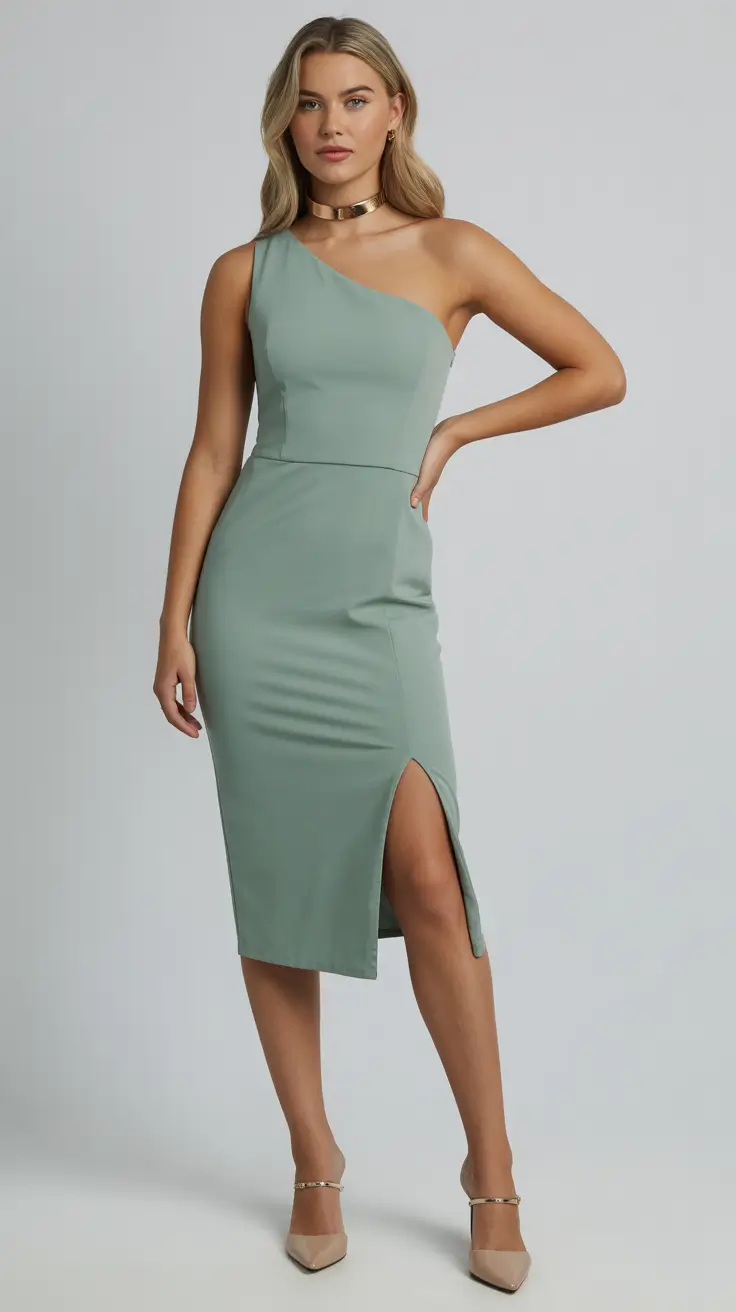 spring wedding guest outfit 2026 Sage One Shoulder Dress