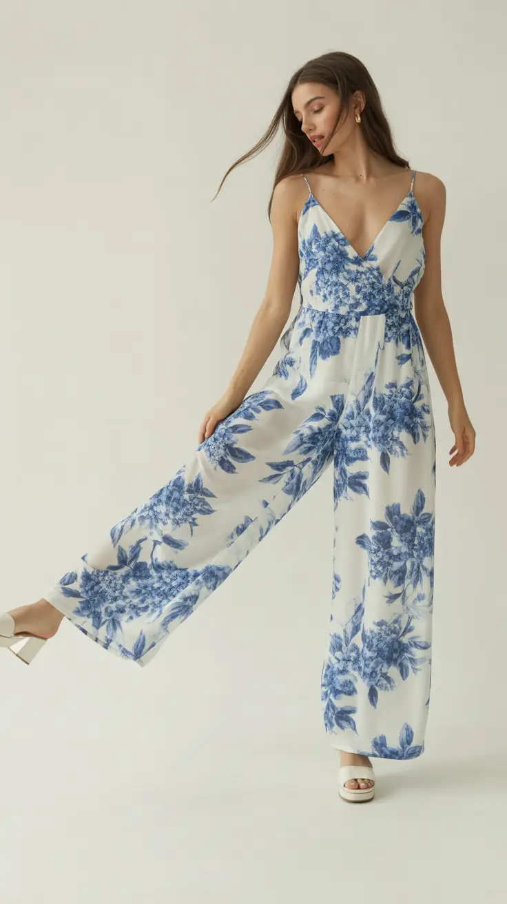 spring wedding guest outfit 2026 Blue Porcelain Jumpsuit