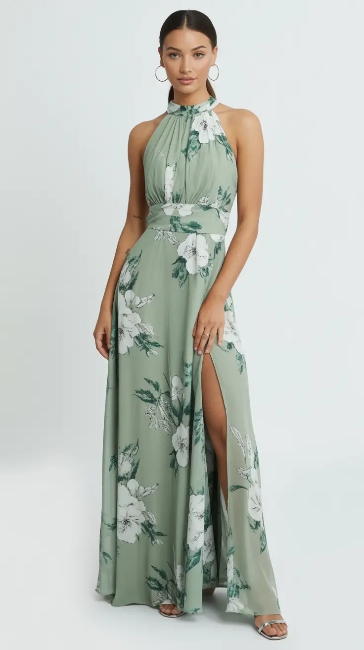 spring wedding guest outfit 2026 Botanical Halter Gown