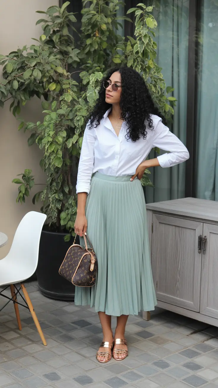 elegant pleated skirt spring outfits ideas 2026 Minty Freshness with Clean, Classic Lines