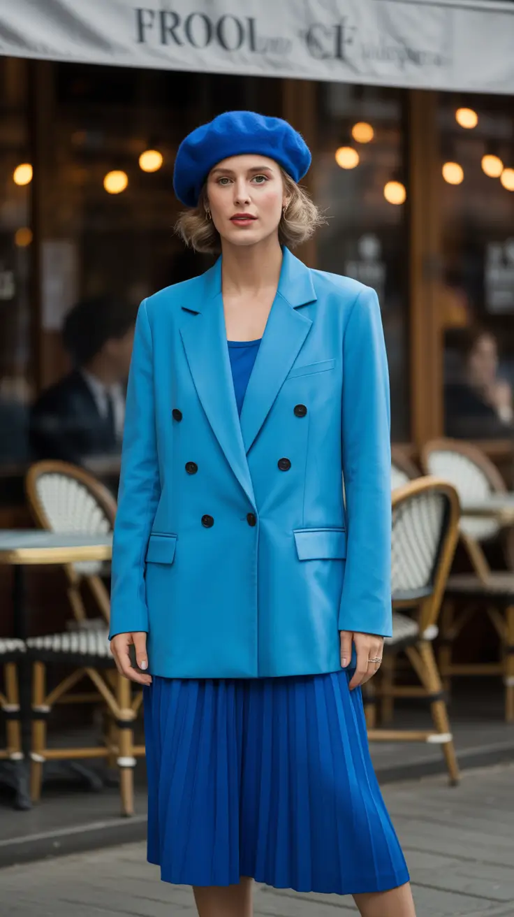 elegant pleated skirt spring outfits ideas 2026 Electric Monochrome in Bold Spring Blues