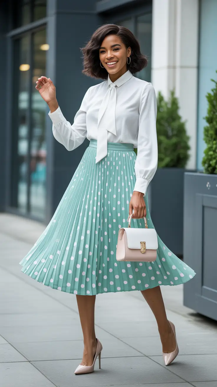 elegant pleated skirt spring outfits 2026 Vintage Polka-Dot Whimsy with Modern Polish