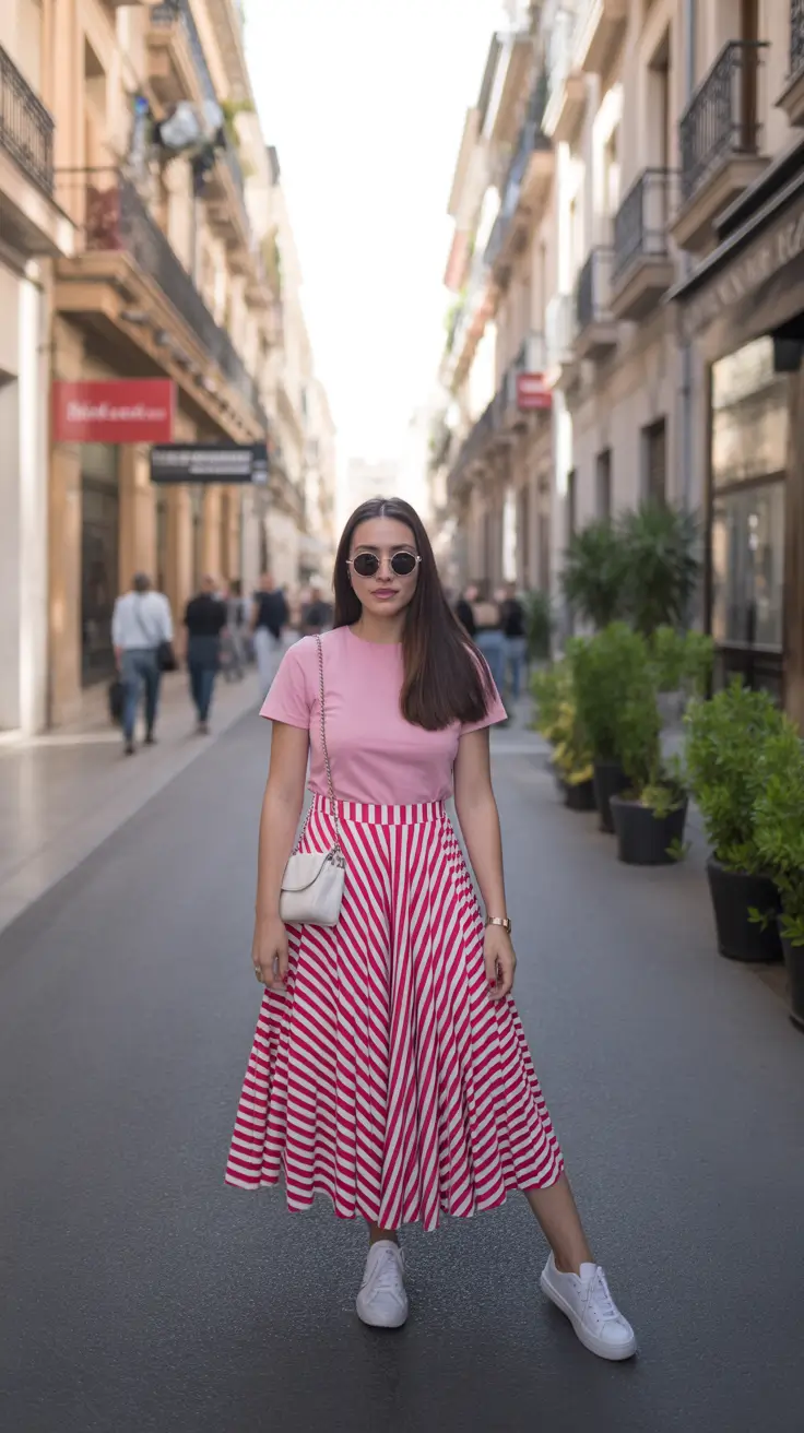 elegant pleated skirt spring outfits ideas 2026 Candy-Stripes with Youthful Spring Energy