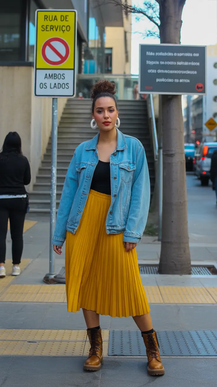 elegant pleated skirt spring outfits ideas 2026 Urban Mustard Energy with Denim Ease
