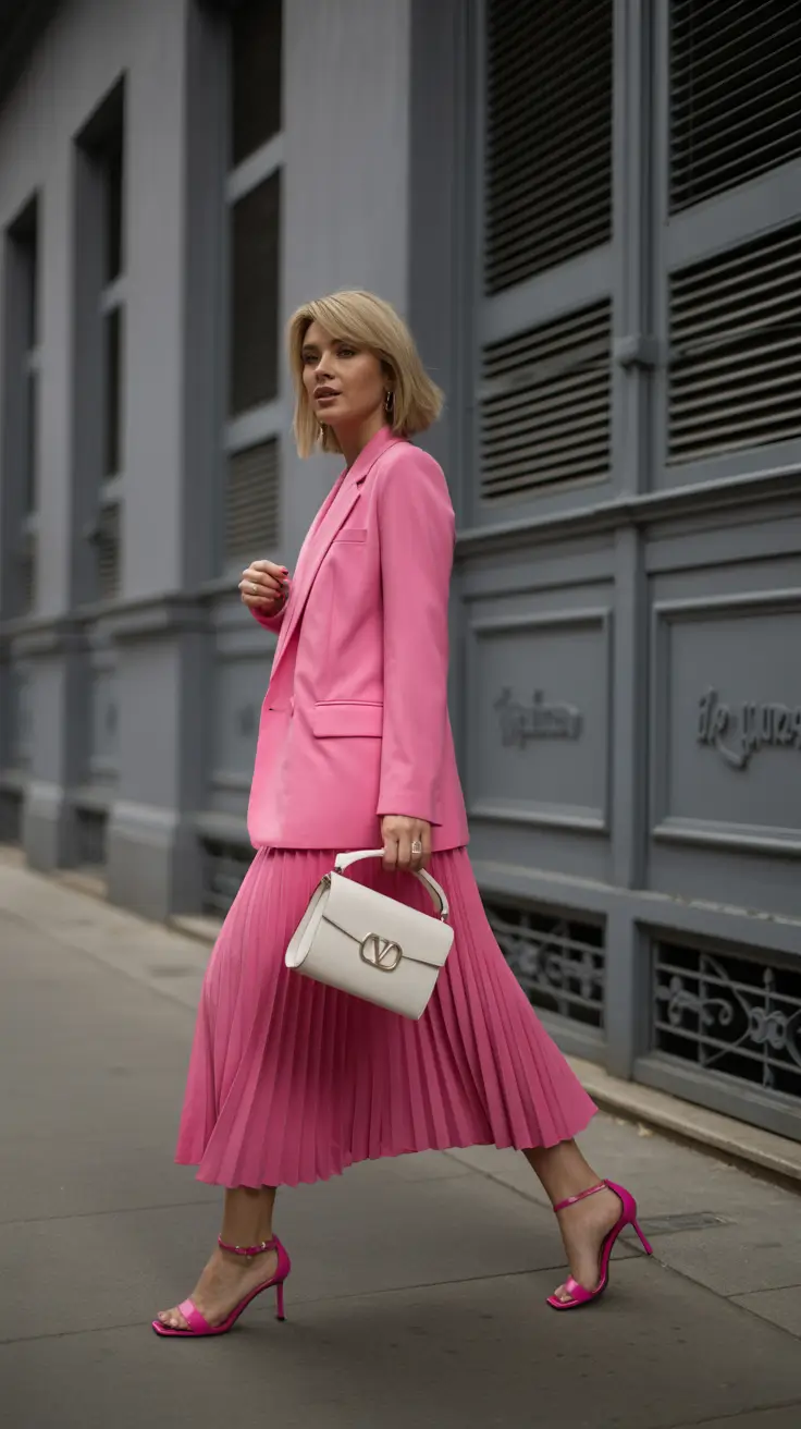 elegant pleated skirt spring outfits ideas 2026 Pink Monochrome Confidence with Tailored Precision