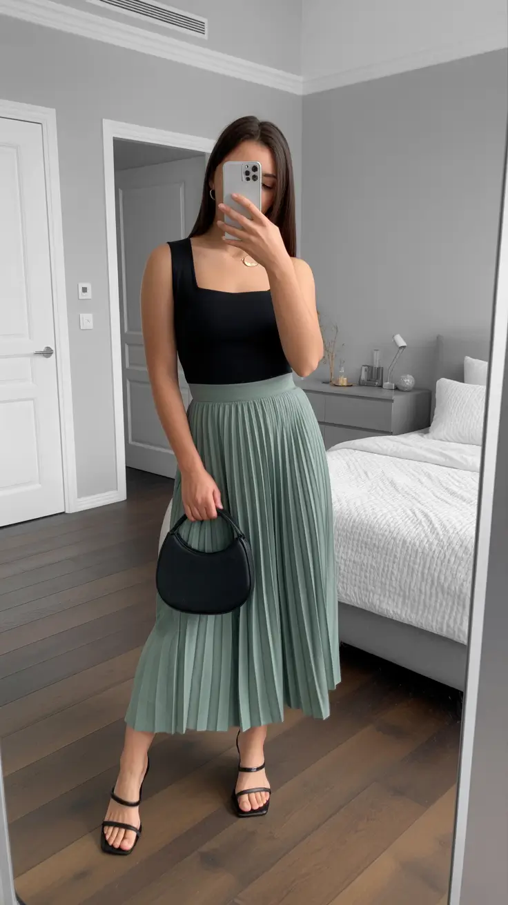 elegant pleated skirt spring outfits ideas 2026 Minimalist Mint with Sleek Black Accents