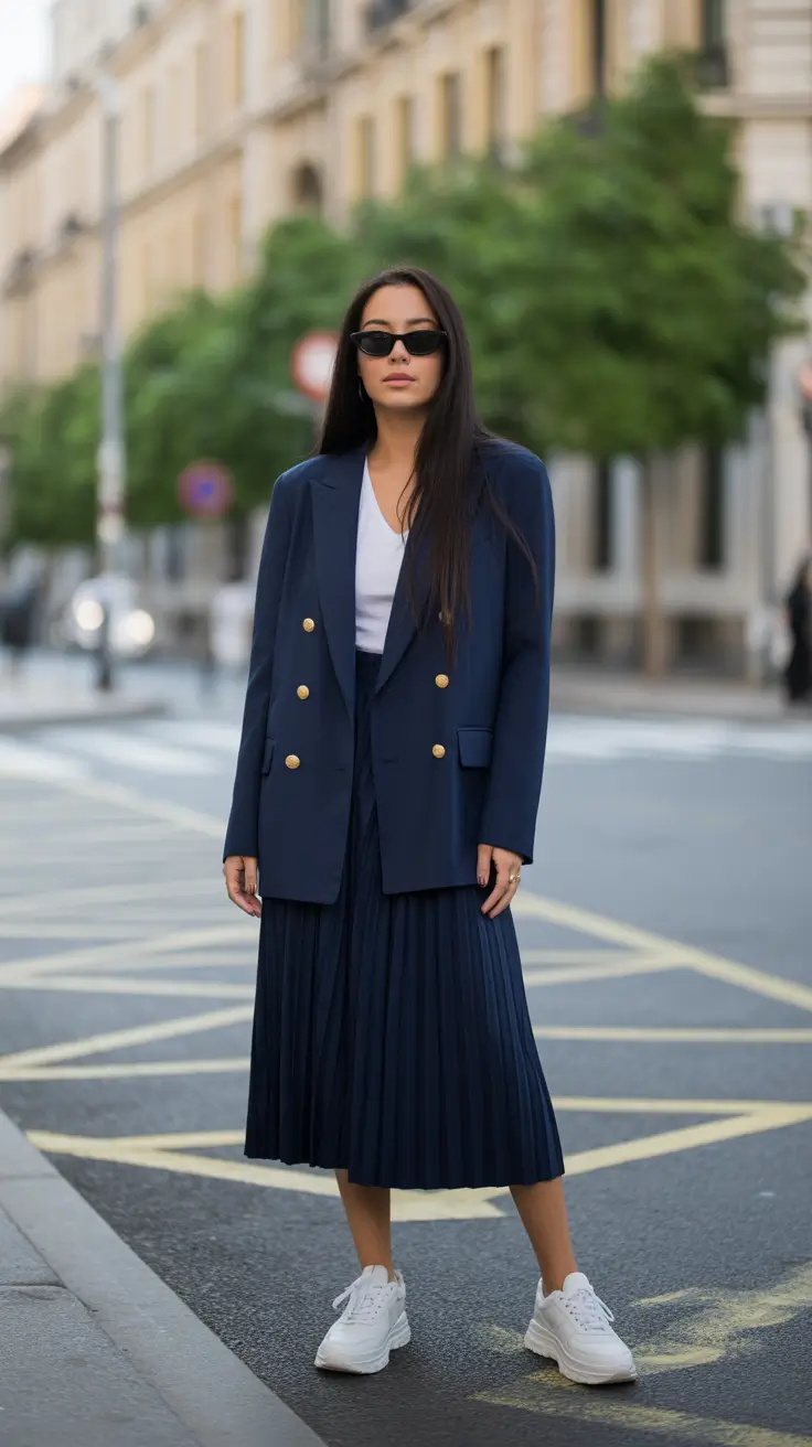 elegant pleated skirt spring outfits ideas 2026 Navy Tailoring Meets Everyday Ease
