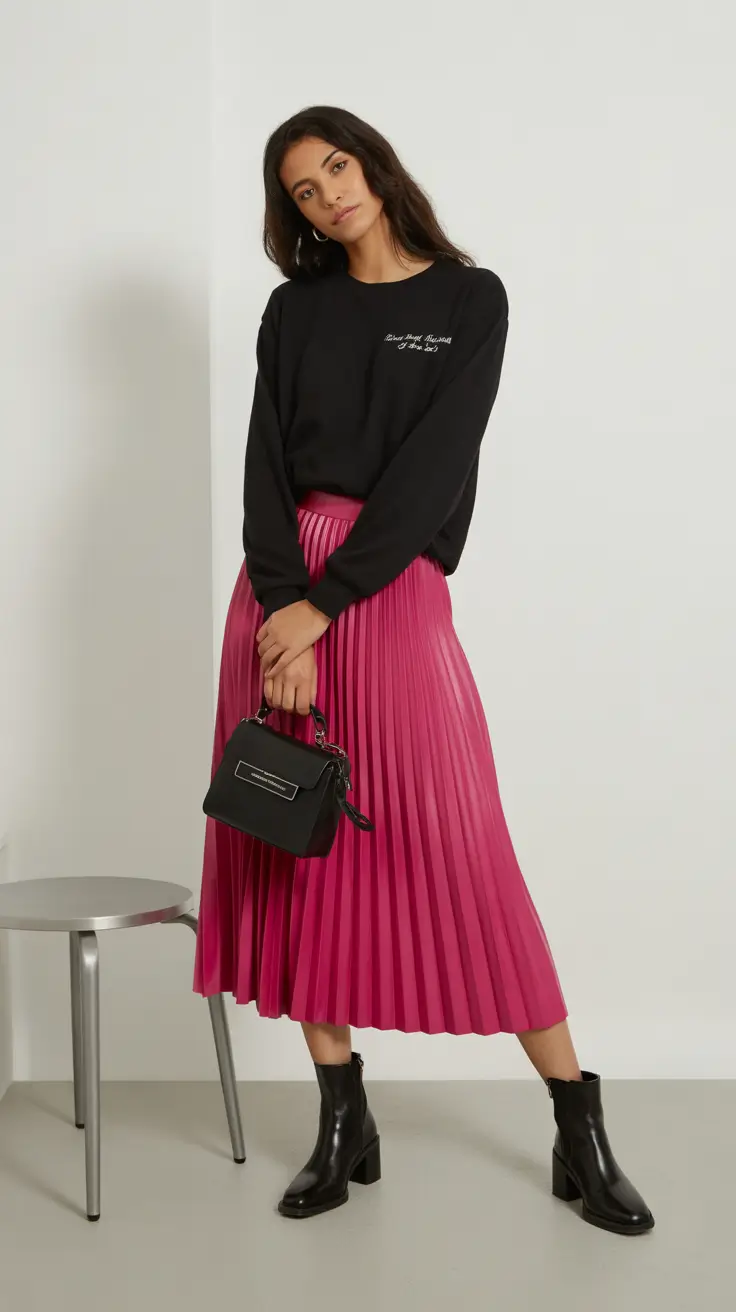 elegant pleated skirt spring outfits ideas 2026 Casual Noir Meets Fuchsia Flow