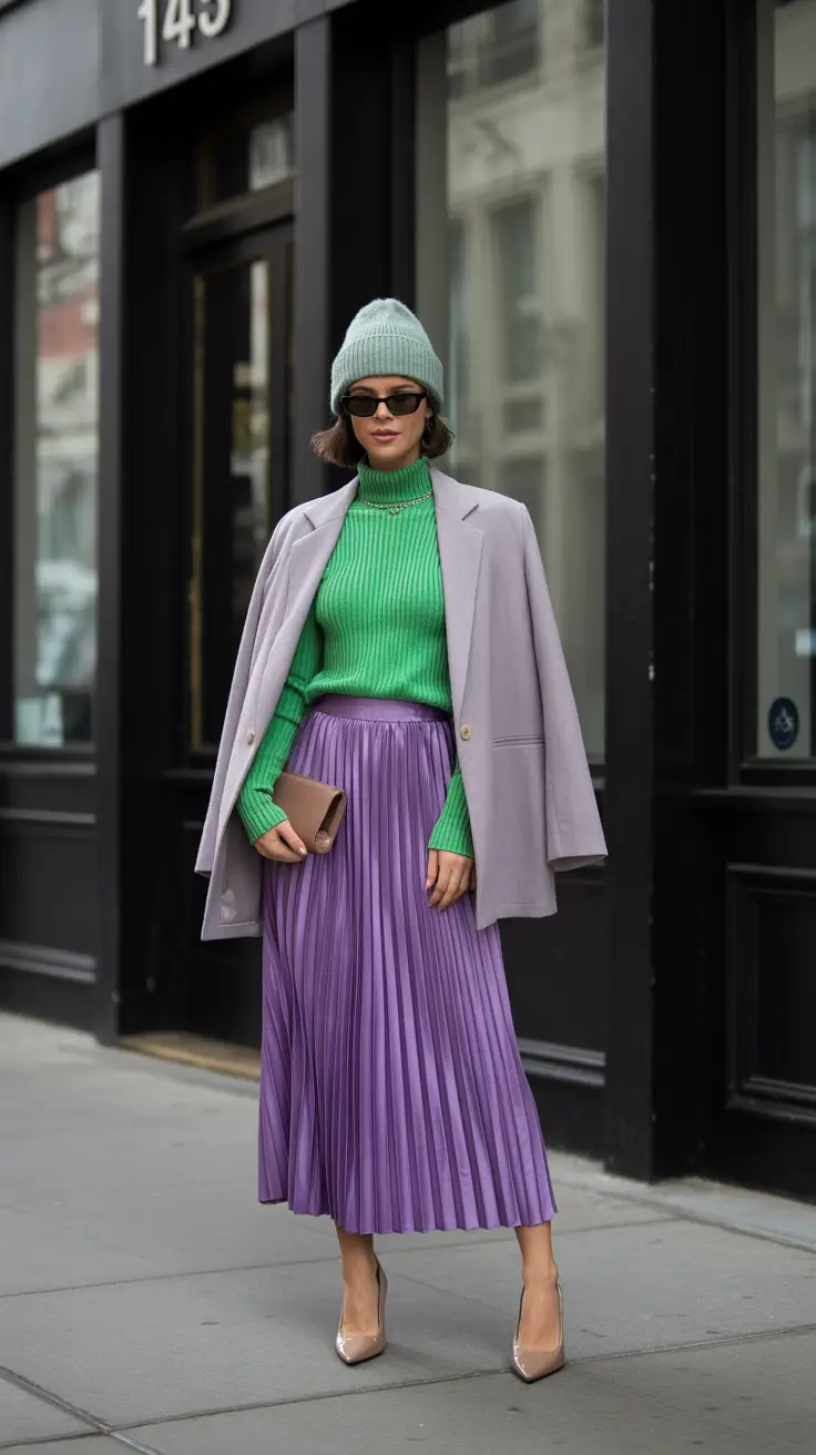 elegant pleated skirt spring outfits ideas 2026 Lavender Movement with Bold Spring Color Play