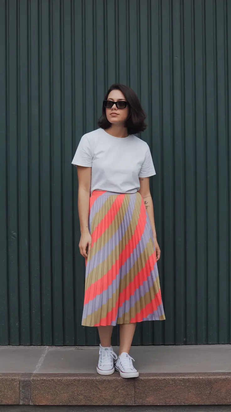 elegant pleated skirt spring outfits ideas 2026 Color-Slash Graphics for a Modern Spring Twist