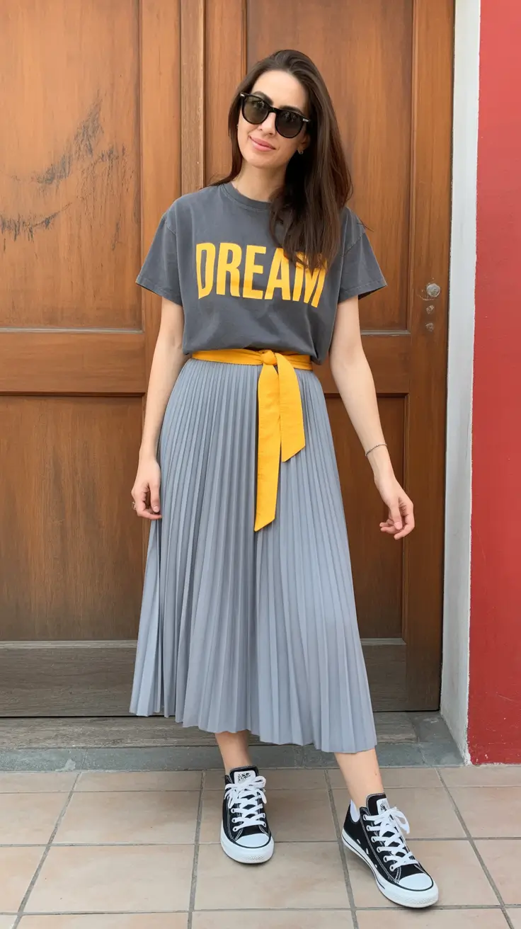 elegant pleated skirt spring outfits ideas 2026 Soft Grey Meets Sunshine Contrast