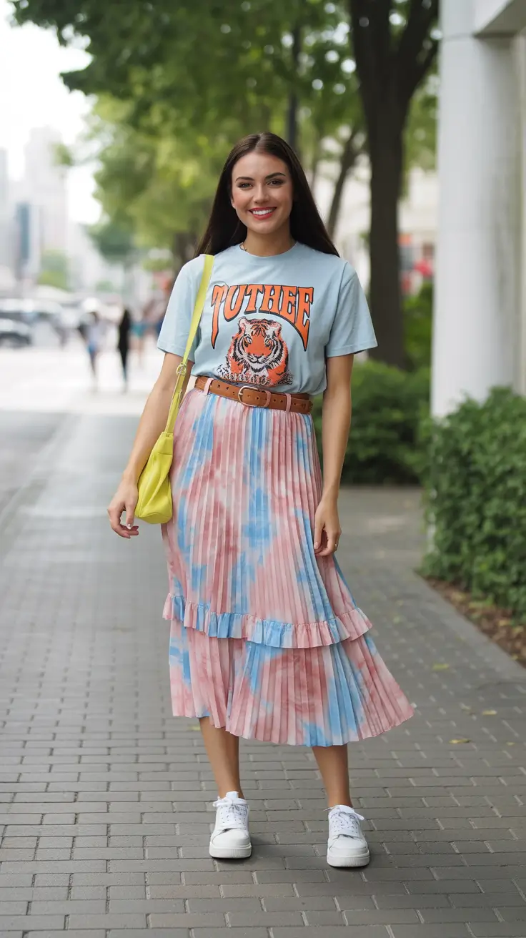 elegant pleated skirt spring outfits ideas 2026 Soft Tie-Dye Energy Meets Sporty Ease