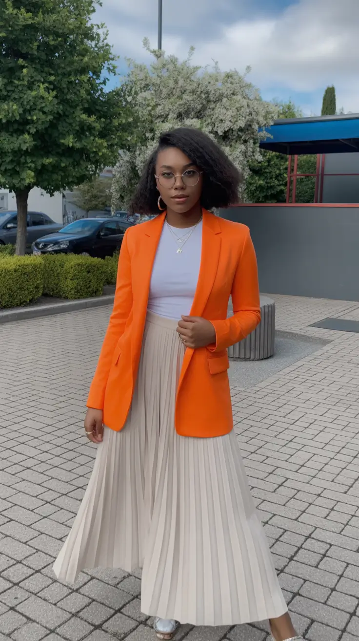 elegant pleated skirt spring outfits ideas 2026 Bold Citrus Tailoring with Airy Neutrals