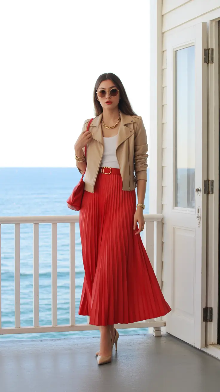 elegant pleated skirt spring outfits ideas 2026 Classic Coastal Elegance with a Fiery Twist