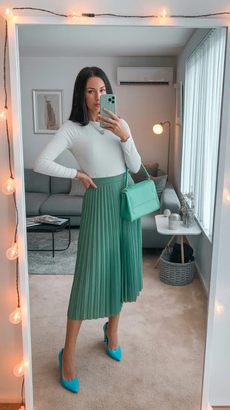 spring church outfits 2026 Pleated Green Skirt with Clean Modern Lines