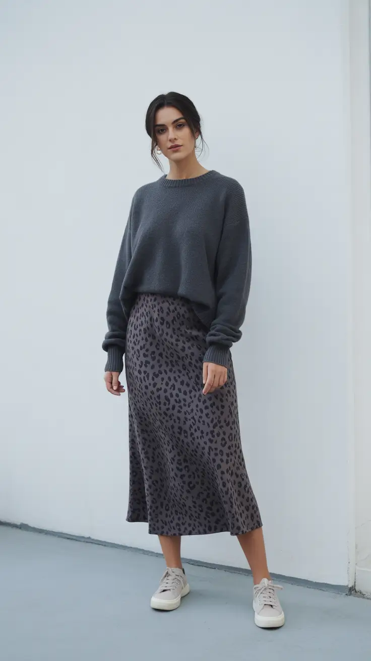 spring church outfits 2026 Charcoal Knit with Subtle Leopard Movement