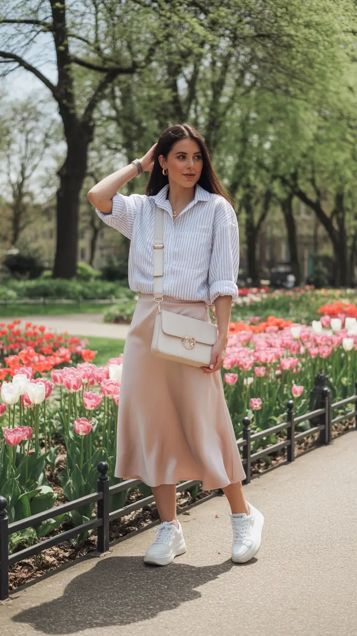 spring church outfits 2026 Soft Satin Neutrals with Striped Shirting