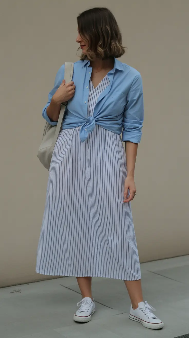 spring church outfits 2026 Striped Dress with a Relaxed Blue Shirt Tie