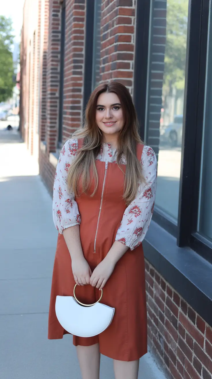 spring church outfits 2026 Warm Terracotta Layered with Floral Sleeves