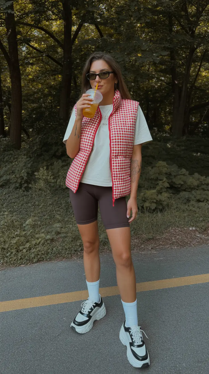 Stylish Hiking Spring Outfits 2026 Gingham Puff Vest for Sunny Park-Stroll Trails