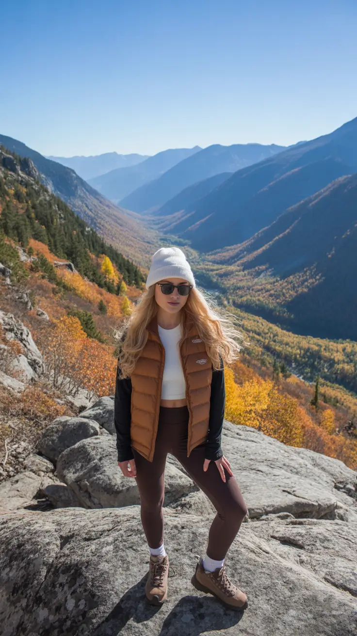 Stylish Hiking Spring Outfits 2026 Warm-Toned Vest Style for Bright Mountain Overlooks