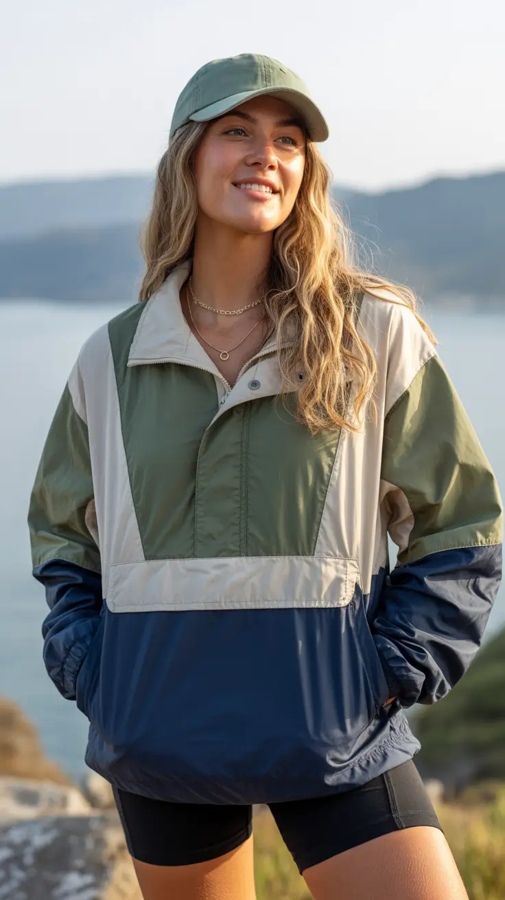 Stylish Hiking Spring Outfits 2026 Colorblocked Windbreaker for Breezy Coastline Trails